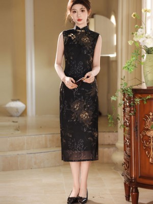 2025 Summer Black Floral Print Cheongsam Qipao Dress