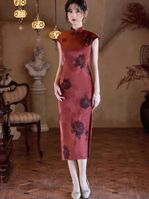 2025 Red Floral Print Midi Cheongsam Qipao Dress