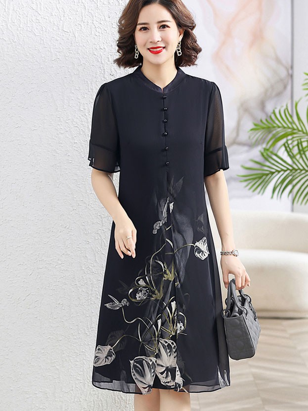 Beige Blue Mothers Floral Print Qipao Cheongsam Dress