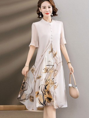 Beige Blue Mothers Floral Print Qipao Cheongsam Dress