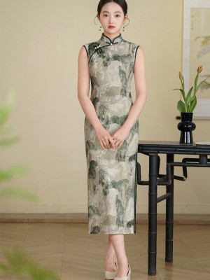 2025 Summer Green Printed Cheongsam Qipao Dress