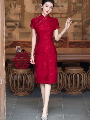 Red Jacquard Mothers Midi Cheongsam Qipao Dress