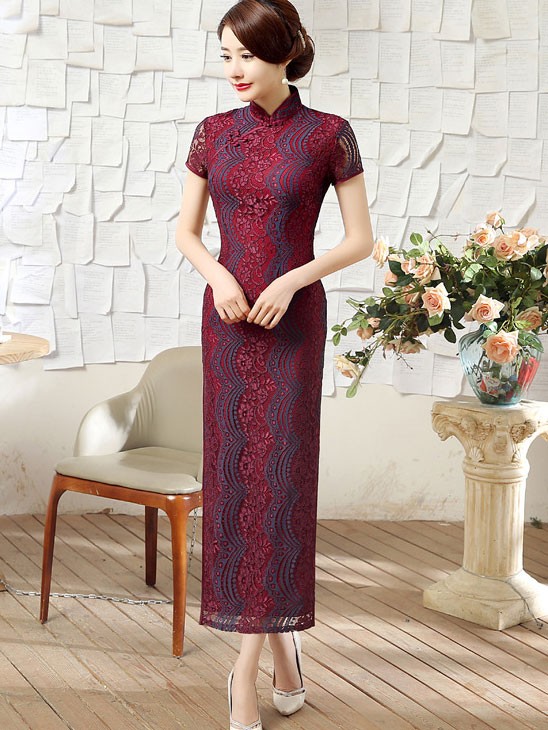 Lace Ankle-length Modern Qipao / Cheongsam Dress with Split