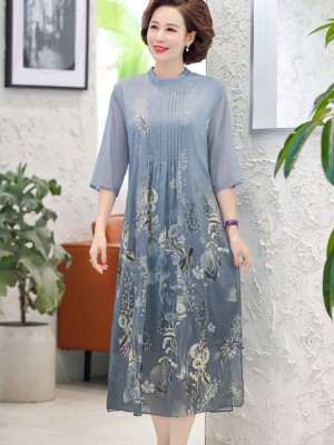 Mothers Floral Print A-Line Qipao Cheongsam Dress