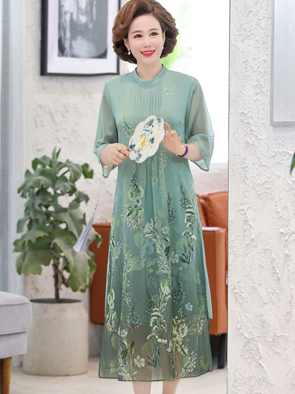 Beige Blue Mothers Floral Print Qipao Cheongsam Dress
