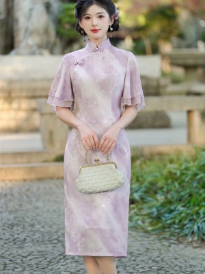 Purple Pink Floral Flutter Sleeve Cheongsam Qipao Dress