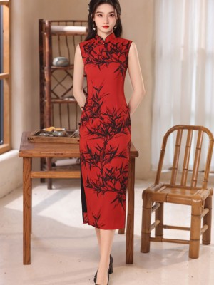 Red Bamboo Print Midi Cheongsam Qipao Dress