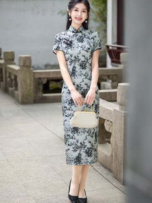 2025 Gray Floral Print Cheongsam Qipao Dress