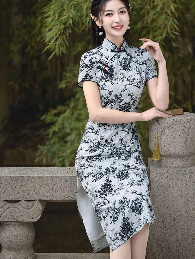 2025 Gray Floral Print Cheongsam Qipao Dress