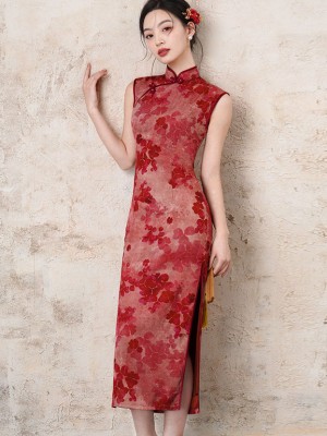 2025 Red Floral Print Cheongsam Qipao Dress