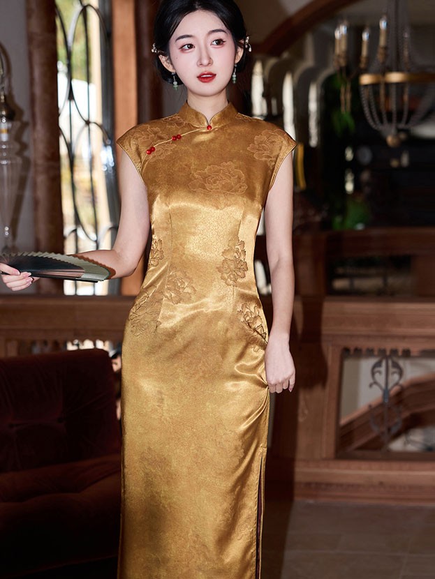 Gold Jacquard Floral Cheongsam Qipao Dress