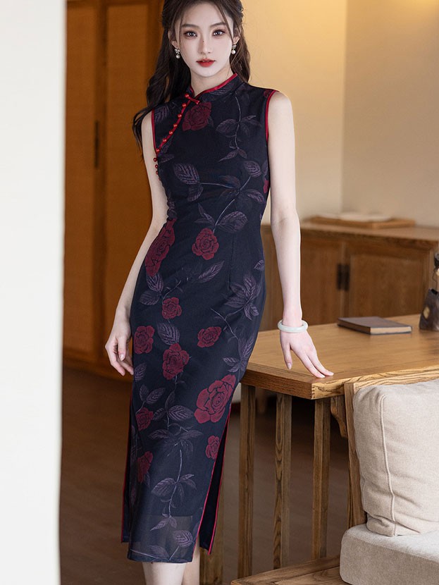Pink Black Summer Floral Print Cheongsam Qipao Dress