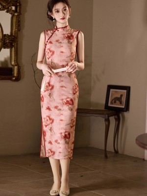 Pink Black Summer Floral Print Cheongsam Qipao Dress