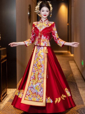 2025 Embroidered Phoenix Dragon Wedding Bride Qun Kwa Xiuhe