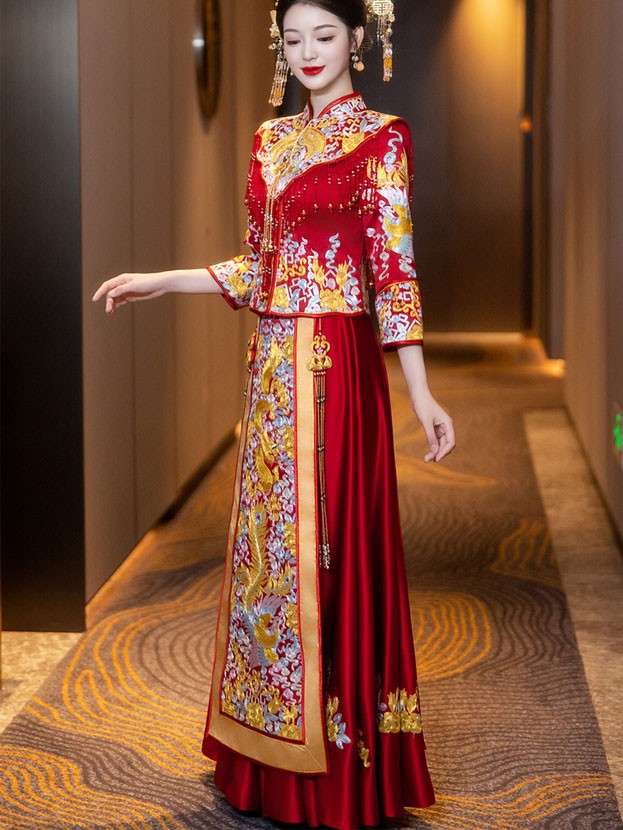 2025 Embroidered Phoenix Dragon Wedding Bride Qun Kwa Xiuhe