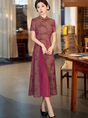Fuchsia Blue Jacquard Mothers A-Line Cheongsam Dress