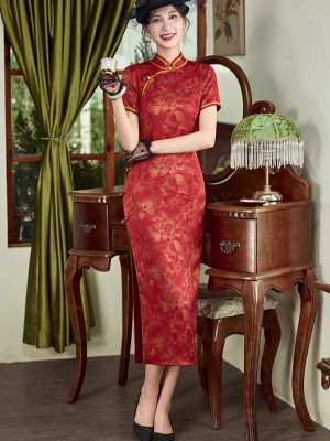 Red Bridal Mothers Floral Cheongsam Qipao Dress