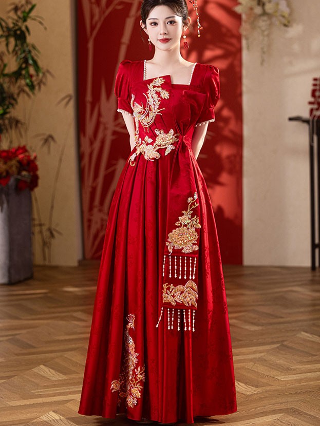 Burgundy Sequins Phoenix A-Line Maxi Wedding Dress
