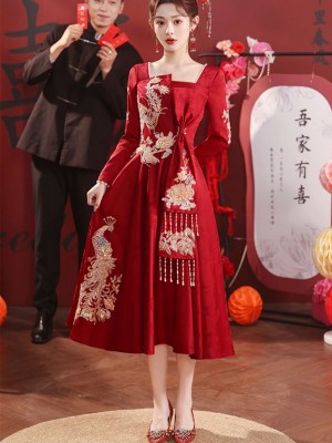 Burgundy Sequins Phoenix A-Line Midi Wedding Dress