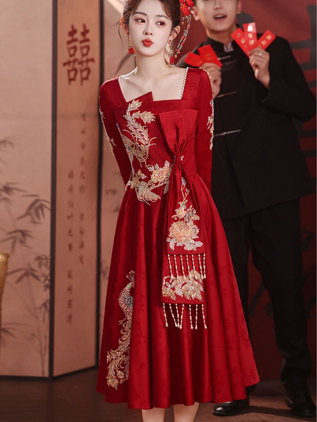 Burgundy Sequins Phoenix A-Line Midi Wedding Dress