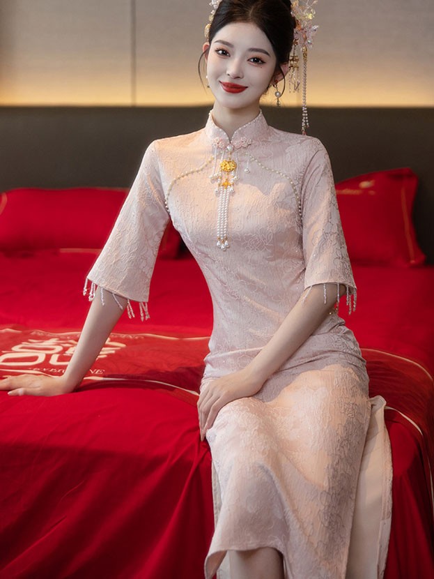 Pink Jacquard Floral Midi Wedding Cheongsam Qipao Dress