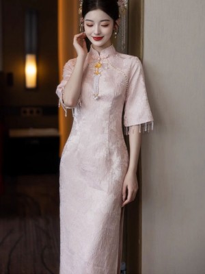 Pink Jacquard Floral Midi Wedding Cheongsam Qipao Dress