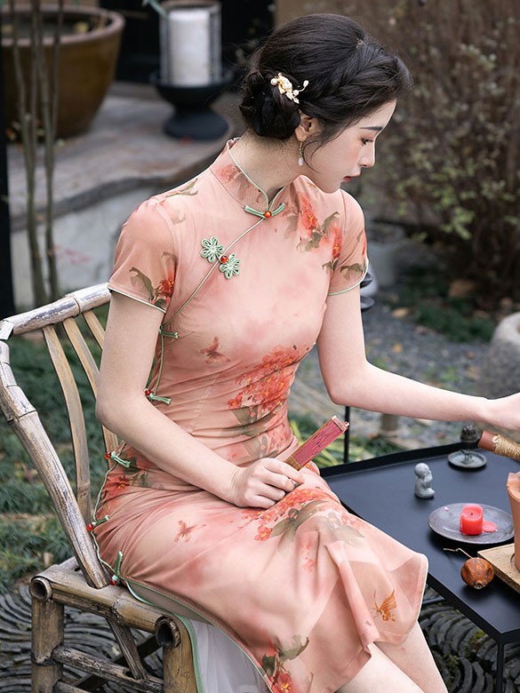 2025 Pink Floral Print Cheongsam Qipao Dress