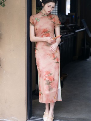 2025 Pink Floral Print Cheongsam Qipao Dress