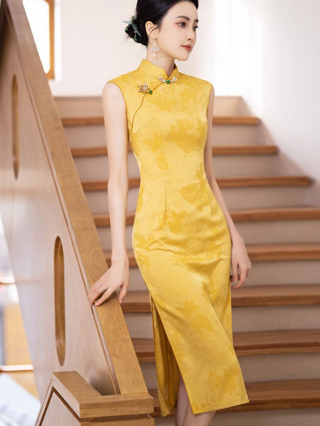2025 Yellow Jacquard Floral Cheongsam Qipao Dress