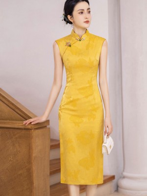 2025 Yellow Jacquard Floral Cheongsam Qipao Dress