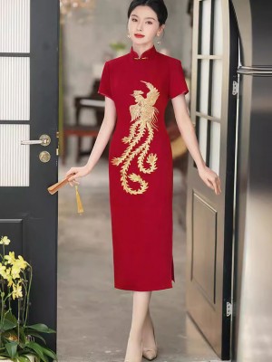 Red Embroidered Phoenix Wedding Cheongsam Qipao Dress