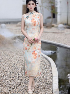 2025 Summer Floral Print Cheongsam Qipao Dress