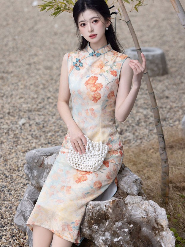 2025 Summer Floral Print Cheongsam Qipao Dress