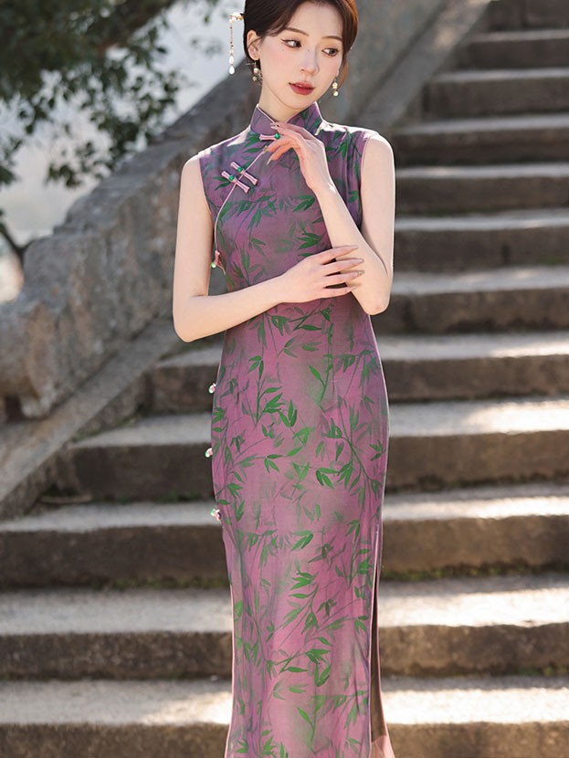 Fuchsia Bamboo Print Long Cheongsam Qipao Dress
