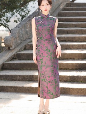 Fuchsia Bamboo Print Long Cheongsam Qipao Dress