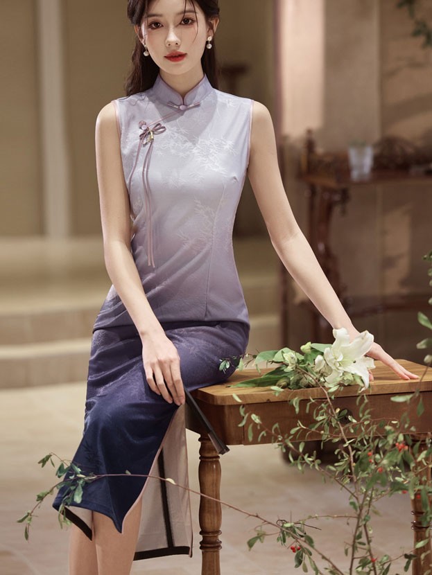 Gradient Purple Jacquard Floral Cheongsam Qipao Dress