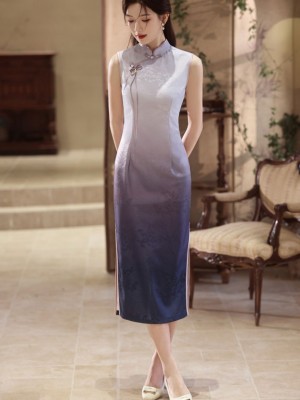 Gradient Purple Jacquard Floral Cheongsam Qipao Dress