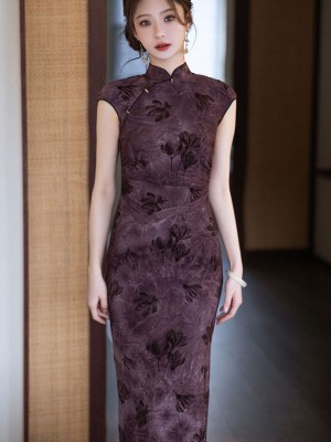 Purple Floral Print Cheongsam Qipao Dress