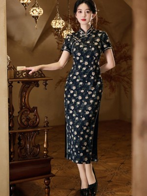 Black Rose Print Cheongsam Qipao Dress