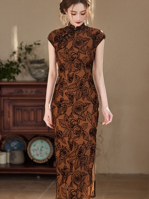 Coffee Floral Print Cheongsam Qipao Dress