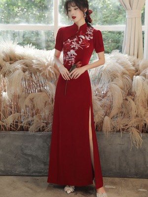Burgundy Appliques Split Front Wedding Cheongsam Qipao Dress