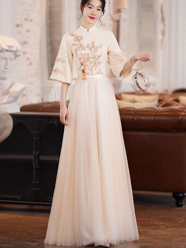 Champagne Appliques Bell Sleeve Maxi Cheongsam Qipao Dress
