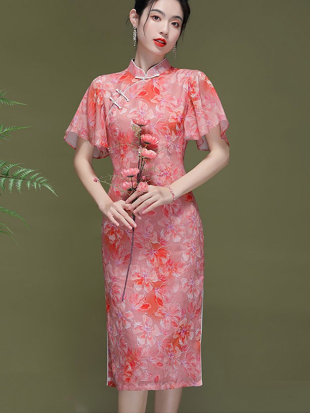Pink Floral Flutter Sleeve Midi Cheongsam Qipao Dress