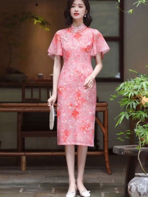 Pink Floral Flutter Sleeve Midi Cheongsam Qipao Dress