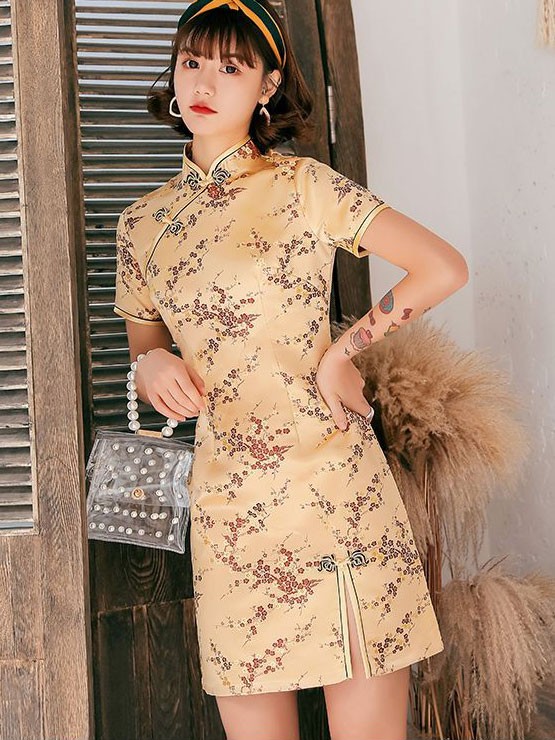 Jacquard Floral Short Cheongsam Qipao Dress