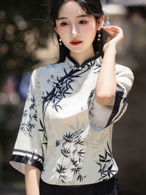 Bamboo Print Bell Sleeve Cheongsam Blouse Top