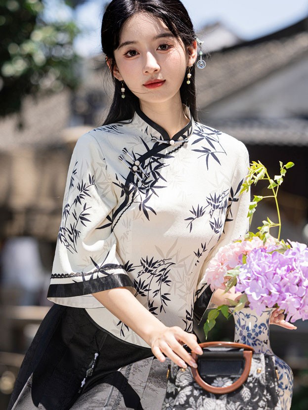 Bamboo Print Bell Sleeve Cheongsam Blouse Top