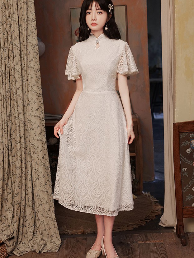 White Lace Flutter Sleeve A-line Cheongsam Qipao Dress