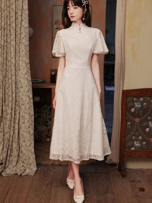 White Lace Flutter Sleeve A-line Cheongsam Qipao Dress