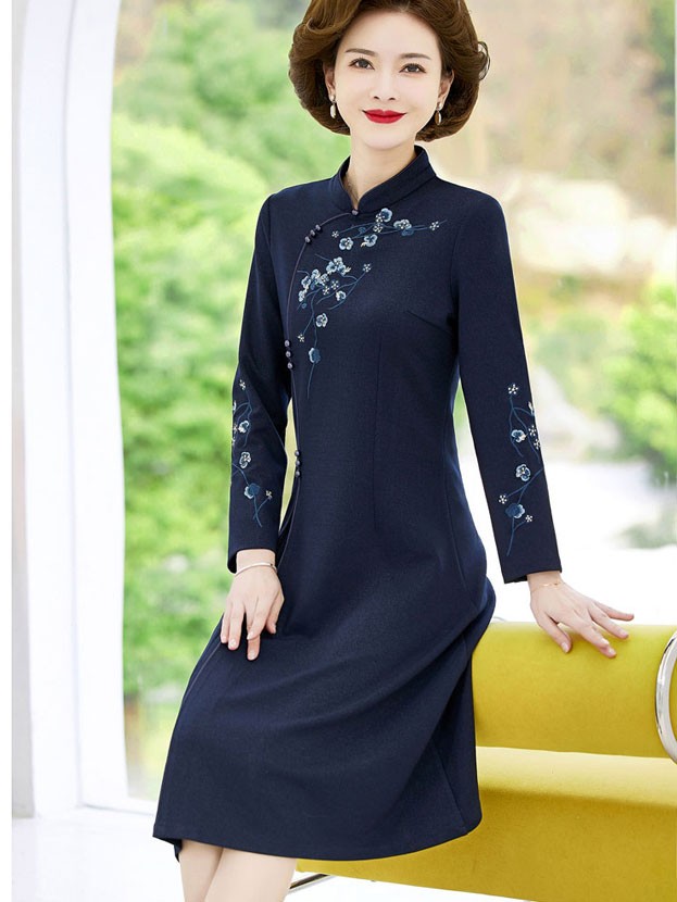 Red Mothers Embroidered A-Line Cheongsam Qipao Dress